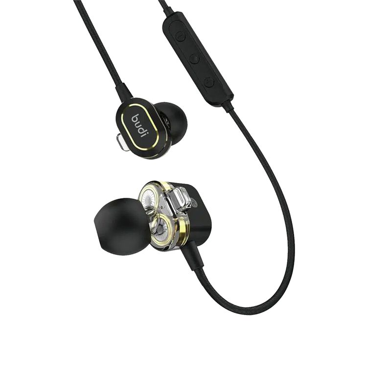 سماعات أذن لاسلكية Budi Stereo داخل الأذن مع أطراف أذن من السيليكون متعددة، صوت ستيريو عالي الوضوح، سماعات مغناطيسية لتخزين سهل، عمر بطارية يصل إلى 14 ساعة، نطاق لاسلكي يصل إلى 10 أمتار، محركات ثنائية الملف - أسود