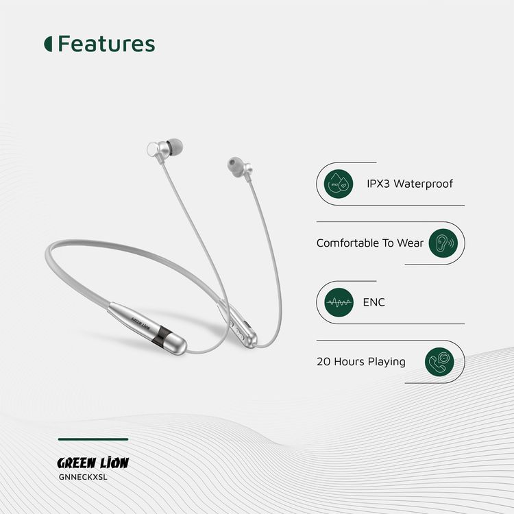 Green Lion Neck X Wireless Neckband with Magnetic Control, Comfortable to Wear, IPX3 Water Resistance Level, Type-C Charging Port - Silver