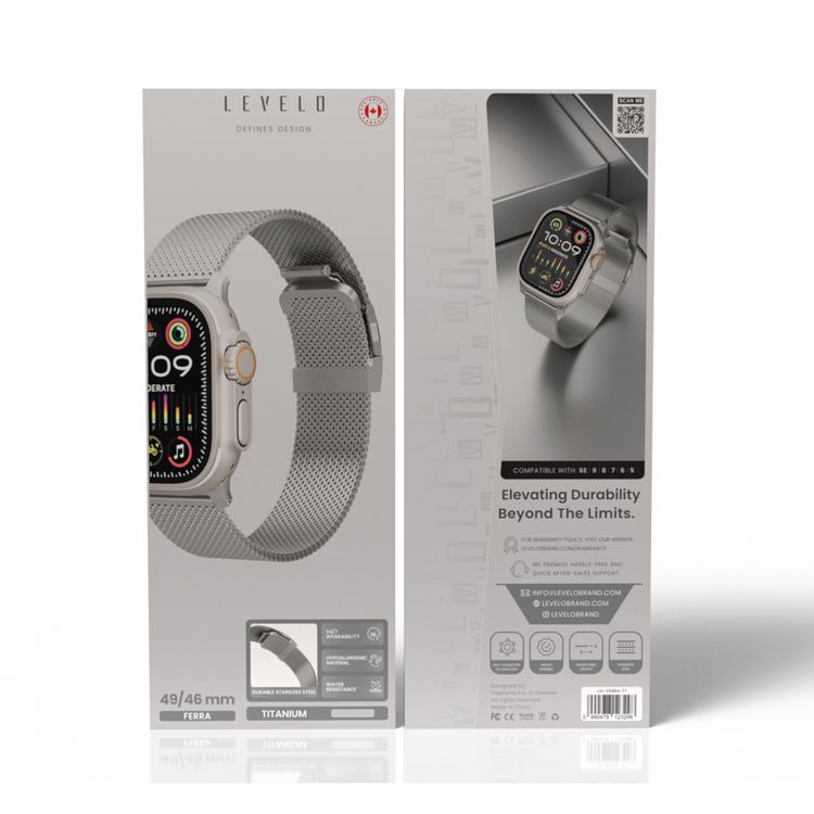 Levelo Ferra Milanese Watch Strap with Adjustable Length, Compatible with 49/46mm Smartwatches & Apple Watch SE, Series 9, 8, 7, 6, 5, Hypoallergenic Material, 24/7 Wearability, Water-Resistant, Anti-Oxidation Technology - Titanium