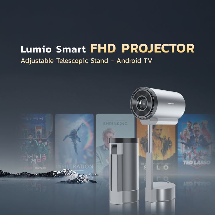 Porodo Lumino Smart FHD Projector with Adjustable Telescopic Stand, 100" Ultra Wide Screen, Android 13, Remote Controller, 2.69" LCD Panel Size, ×1 HD Multimedia & ×1 USB-A & ×1 Audio Inerface, 30"-100" Projection Size, 1-3m Projection Distance, Cinematic Screen Viewing - Gray
