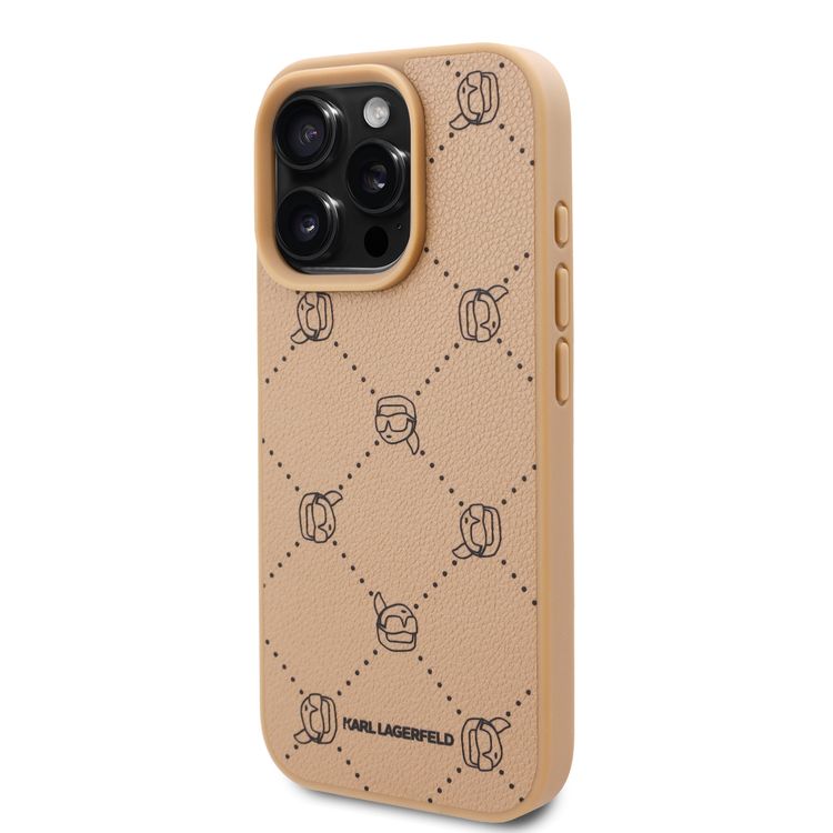 Karl Lagerfeld PU Hard Case for iPhone 16 Pro with Karl Heads, Drop Protection, Slim Profile, Lightweight, Comfortable Grip, Easy Snap-on, Sustainable Packaging - Beige