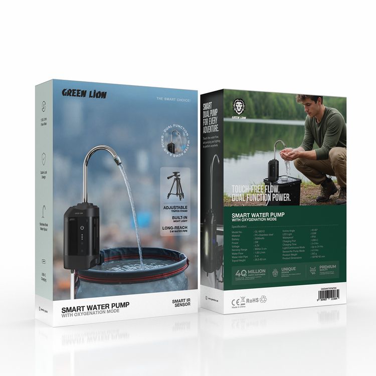 مضخة الماء الذكية من جرين ليون مع وضع الأكسجة، فوهة ماء من الفولاذ المقاوم للصدأ، منفذ شحن USB-C، تصميم قفل سريع، حامل ثلاثي القوائم قابل للتعديل، ضوء ليلي مدمج، أنبوب ماء طويل يصل إلى 3 أمتار، مستوى مقاومة الماء IPX4، زمن شحن 3-4 ساعات، نطاق استشعار ضمن 5 سم - باللون الأسود.