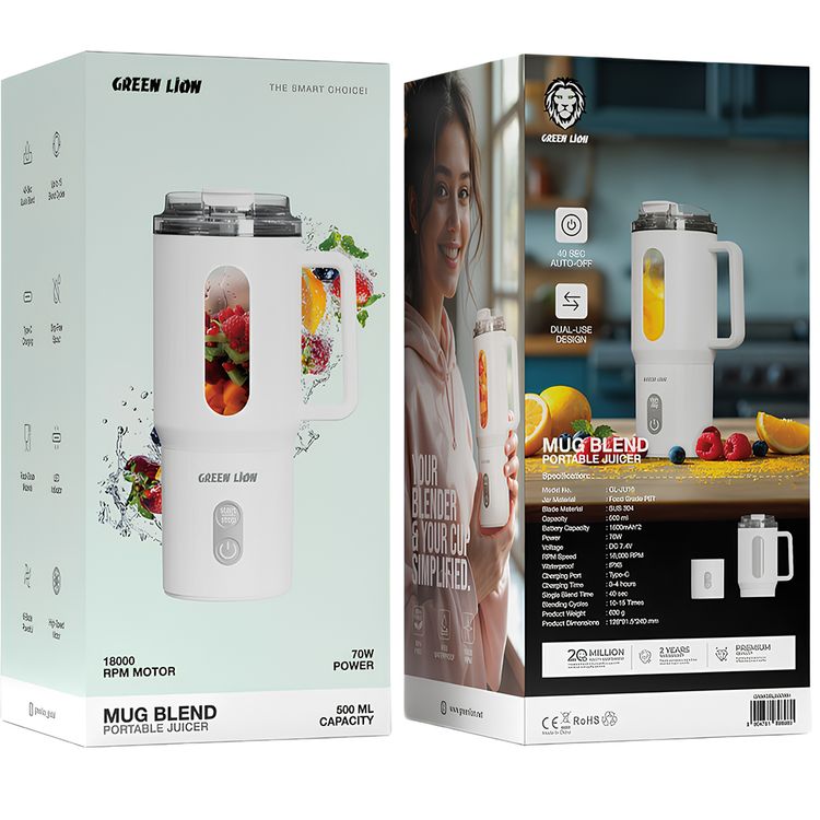 Green Lion Mug Blend Portable Juicer with LED Indicator, IPX6 Water Resistance Level, 40 Seconds Quick Blend, Up to 15 Blend Cycle, Type-C Charging Port, Drip-Free Spout - White