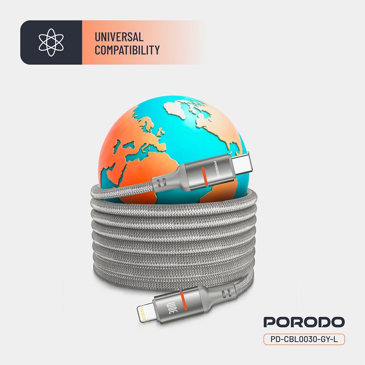 Porodo Type-C to Lightning Magnetic Braided Cable with 30W Power Delivery, 1.2m Cable Length, More than 15,000 Bends Lifespan, Tangle-Free Design - Gray