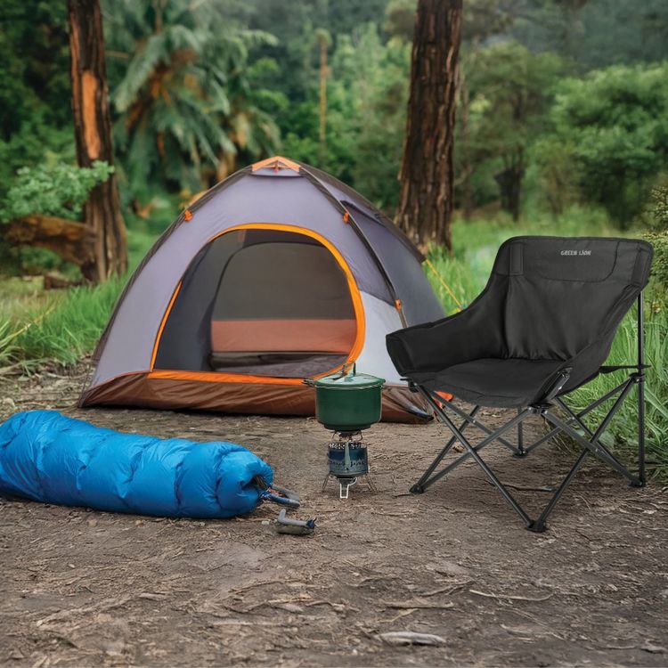 كرسي التخييم القابل للطي من جرين ليون رينجر مع حقيبة حمل، إطار فولاذي ومقعد من قماش أكسفورد 600D، قاعدة مضادة للانزلاق، دعم بإطار X، سعة تحمل تصل إلى 100 كجم، إعداد سريع - أسود.