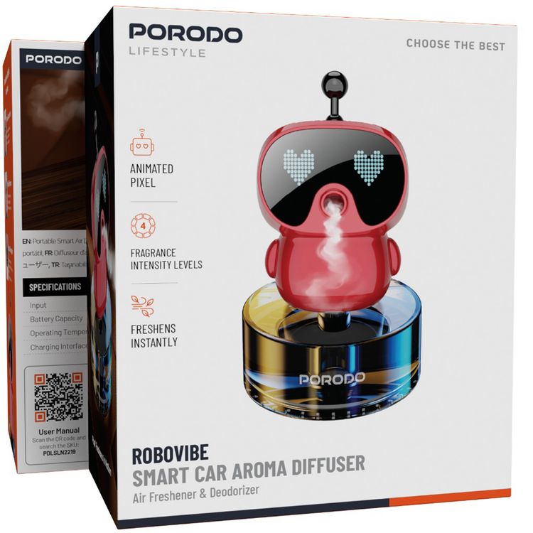 Porodo Robovibe Smart Car Aroma Diffuser with Animated Pixel, 4 Adjustable Fragrance Intensity Levels, 300mAh Battery, 50mL Oil Tank Capacity, USB-C Charging Port, Diffusing & Deodorization - Red