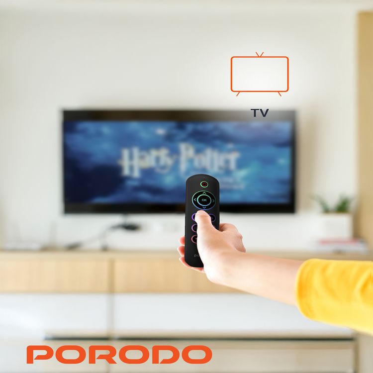 Porodo Air Mouse Remote and Mini Keyboard with 6 Axis Gyro Sensor, Arabic & English Layouts, 58 Full QWERTY Keyboard Keys, 3 Adjustable Level Mouse Pointer Movement, 250 mAh Battery Capacity - Black
