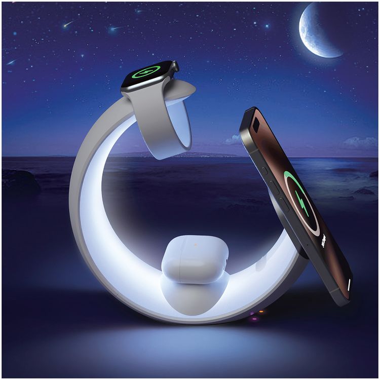 شاحن لاسلكي Green Lion Moon Charge 4 في 1 مع مصباح RGB محيطي، شحن سريع، مفتاح مستشعر باللمس، حماية من الجهد الزائد - أبيض 