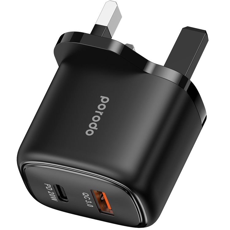 Porodo Dual Output Quick Charger with 20W Power Delivery, QC 18W, UK 3-Pin Plug, Simultaneous Charging, Universal Compatibility - Black