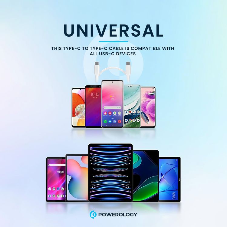 باورولوجي كابل مضفر من USB-C إلى USB-C مع توصيل طاقة 60 واط، بطول 30 سم، متوافق عالميًا، شحن سريع ونقل بيانات - أبيض.