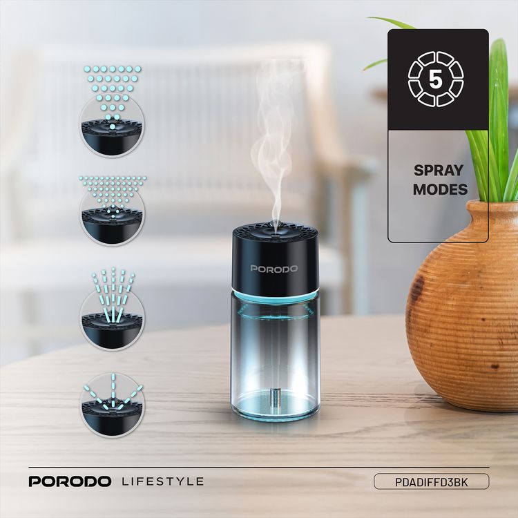 Porodo Valencia Smart Aroma Diffuse with Ambient Lighting, 120mL Bottle Capacity, 300mAh Battery Capacity, Type-C Charging Port, Smart Sensor, 5 Spray Modes - Black
