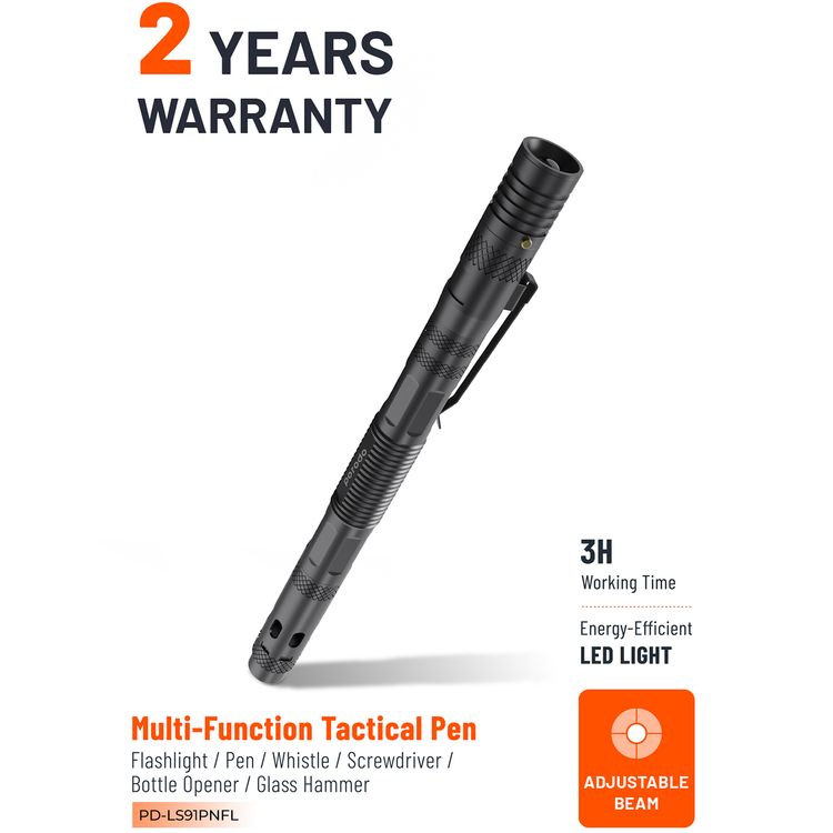 Porodo LifeStyle Multi-Function Tactical Pen 6-in-1 with SMD Bulb, Flashlight, Holder, Pen, Whistle, Bottle Opener and Safety Hammer, 25 Lumens, 3 Hours Working Time - Black