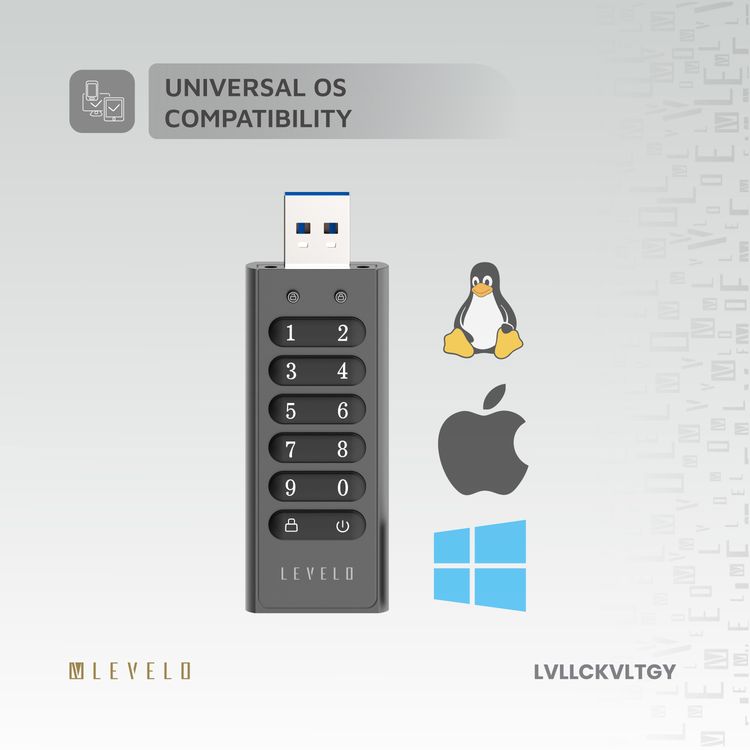 Levelo Lockvault Digital 128GB Encrypted USB Flash Drive with USB-A 3.1 Gen 1 Connector, 160MB/s Reading Speed, 120MB/s Writing Speed, AES256 Encryption Method - Gray