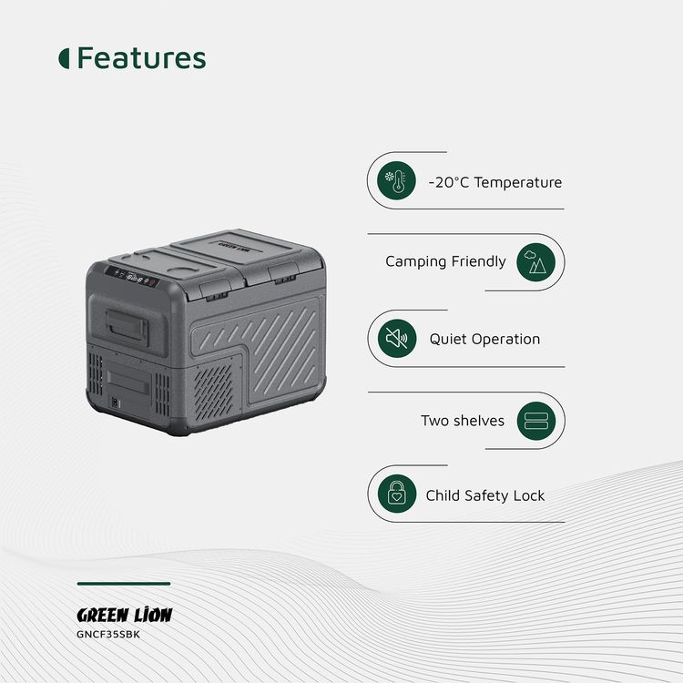 Green Lion GFC-35 Car Fridge with 35L Capacity, Bottle Opener, Touch Control Display & Interior Lights, Dual Power Supply, Child Safety Lock, Two Shelves, Quiet Operation - Black