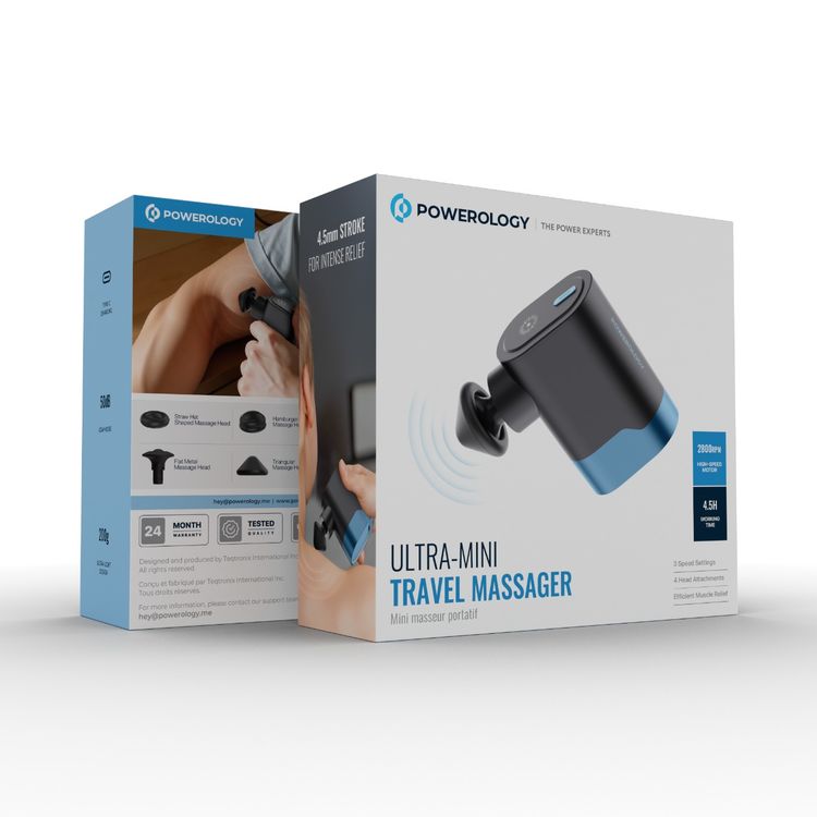 Powerology Ultra-Mini Travel Massager with 5 Head Attachments, Up to 4.5 Hours Working Time, 750mAh Battery, USB-C Charging Interface, 3 Speed Settings, Efficient Muscle Relief - Black