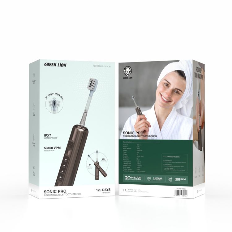 Green Lion Sonic Pro Rechargeable Toothbrush with 3 Cleaning Modes, Wave Magnetic Brush, 1200mAh Battery, USB-C Charging Time, 50° Oscillation, 120 Days Working Time, Auto Shut-Off Function - Brown