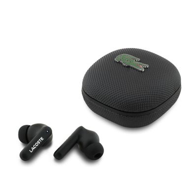 Lacoste Leather TWS Earbuds with Iconic Petit Pique Logo, 250mAh Charging Case & 30mAh Earbuds Battery, 10m Transmission Range, Up to 6 Hours Play Time, USB-C Charging Port, Bluetooth Version 5.4, Rich & Balanced Sound - Black