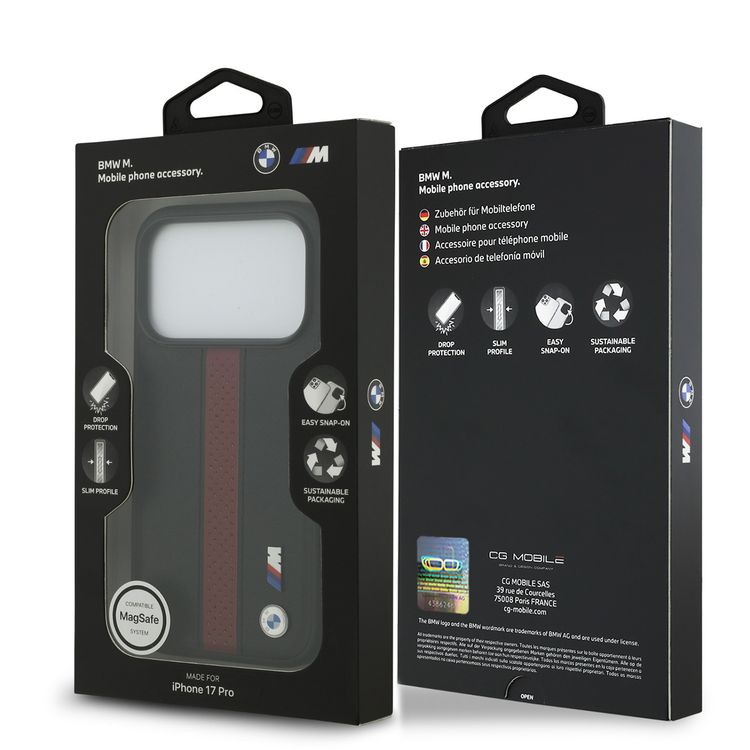 BMW PU Leather Case with Perforated Stripes & Metal Logos for iPhone 17 Pro, MagSafe Compatible, Sustainable Packaging, Drop Protection, Slim Profile, Easy Snap-On Design - Black / Red