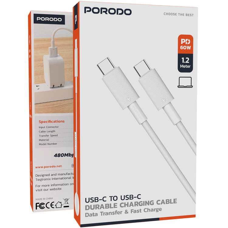 كابل Porodo USB-C إلى USB-C بغطاء PVC مع سرعة نقل 480 ميجابت في الثانية، توصيل طاقة 60 واط، عمر يصل إلى أكثر من 15000 انحناء، طول الكابل 1.2 متر، مقاوم للتشابك - أبيض.