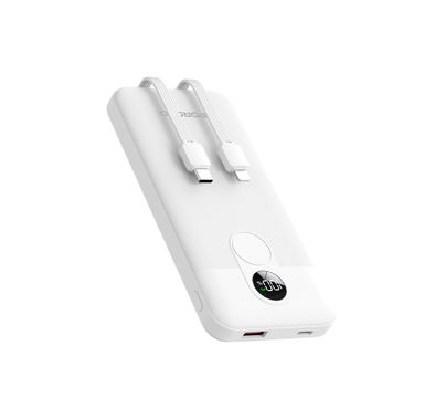 Porodo 10000mAh Power Bank with Built-in Type-C & Lightning Cables, 22.5W Power Delivery, Simultaneous Charging, 0%-60% Charge in 35 Minutes, Digital Display - White
