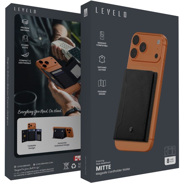 Levelo Mitte 8-in-1 MagSafe Cardholder Wallet with 17 Integrated Strong Magnets, 8 Card Slots, Saffiano Leather Material, Foldable Design - Black