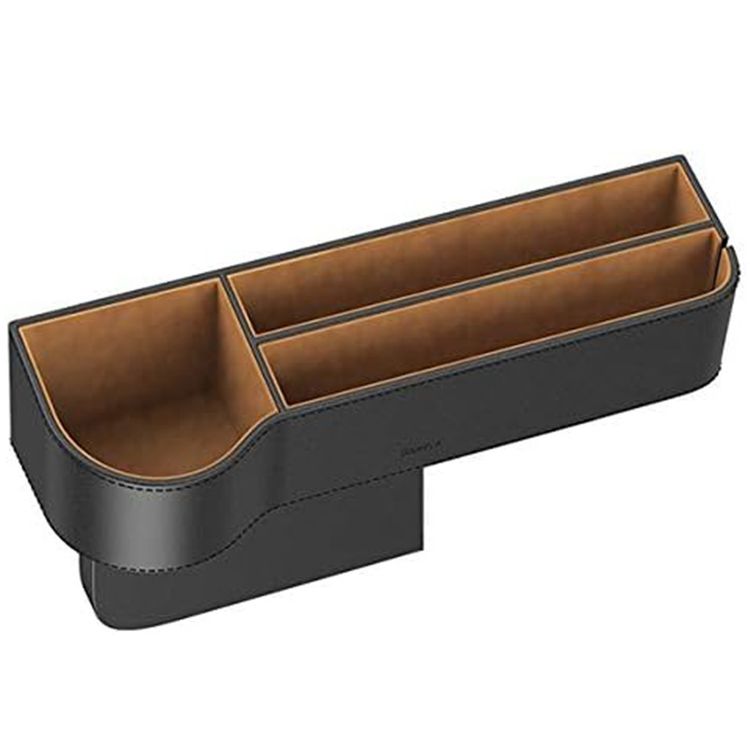 Baseus Elegant Car Storage Box with 3 Compartments, Built-in Cup Holder, Dedicated Slot for Cables, Faux Leather with Flannel Lining, Polished Finish - Black / Brown 
