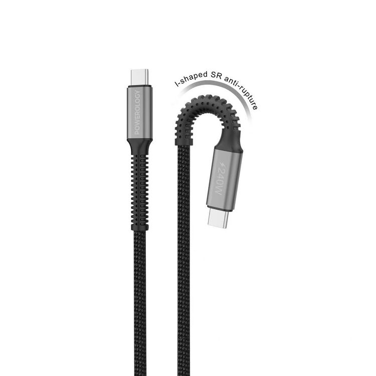Powerology USB4 Braided USB-C to USB-C Cable, PD 240W, E-Marker Optimized Power Flow, 40Gbps Data Transfer, 1.5m Cable, Up to 8k Video Output, Powerful Laptop Charging, Aluminum Alloy Shell, High-Speed Charging Cable - Black