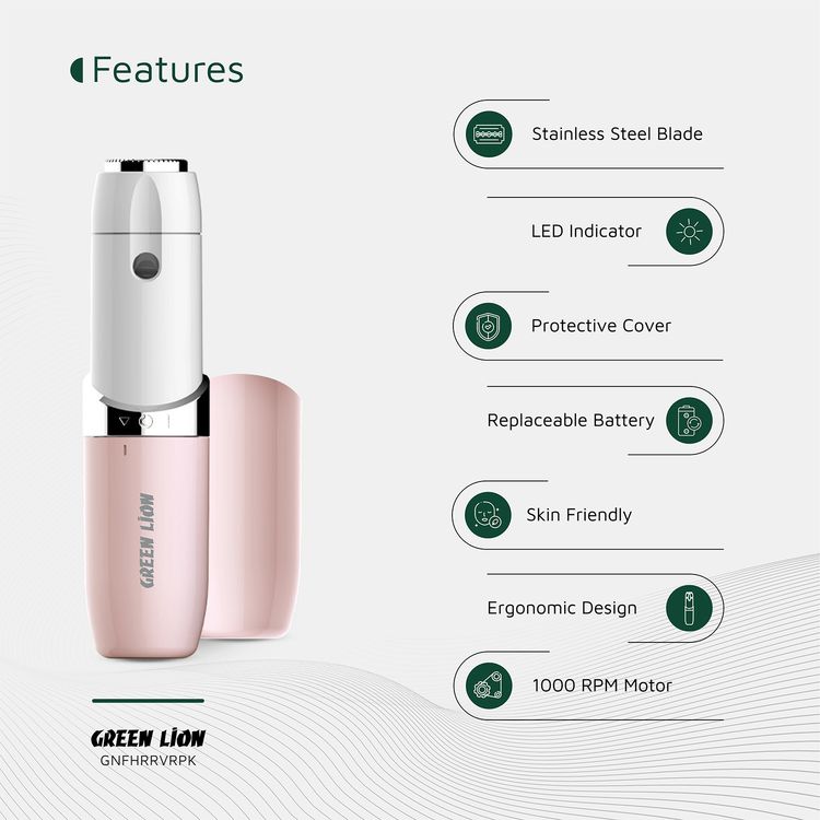 Green Lion Facial Hair Remover with Stainless Steel Blade & LED Indicator, 1W Power, 1000 RPM Motor Speed, Replaceable AA Battery, Protective Cover, Skin Friendly, Ergonomic Design - Pink
