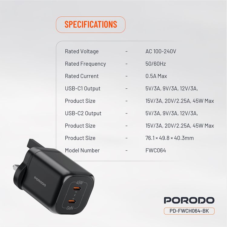 Porodo شاحن حائط سريع بمنافذ USB-C مزدوجة بقدرة 45 واط وتوصيل الطاقة، بتيار أقصى 0.5 أمبير، مزود بحمايات مدمجة، قابس بثلاثة دبابيس للمملكة المتحدة، شحن متزامن، بتقنية GaN - أسود