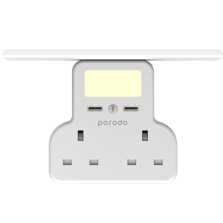 Porodo Multi-Function Socket & Night Light with Built-in Tablet & Phone Tray, 3250W AC Output, Fire-Retardant Material, 12W USB-A Output, Overcharge & Overheat Protection - White