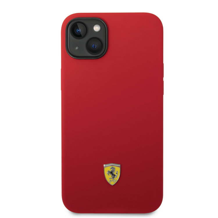 Ferrari Liquid Silicone Case with Black Camera Outline & Metal Logo iPhone 14 Plus Compatibility - Red