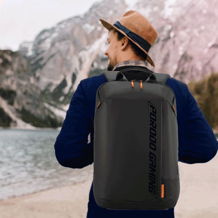 Porodo Gaming PU Laptop Backpack with USB-C Port, Up to 15" Laptop Compatibility, PD 20W, Water-Resistant, Multiple Pockets - Black