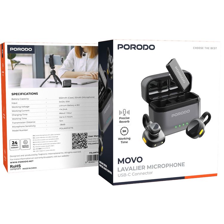 Porodo Movo Lavalier Dual Microphones with Type-C Connector, Precise Reverb, 1 Hour Charging Time, Up to 5 Hours Working Time, 650mAh Case Battery Capacity, 55mAh Microphone Battery Capacity, 15-20m Transmission Distance, Crystal Clear Audio, Auto Pairing Technology, Instant Wireless Setup - Black