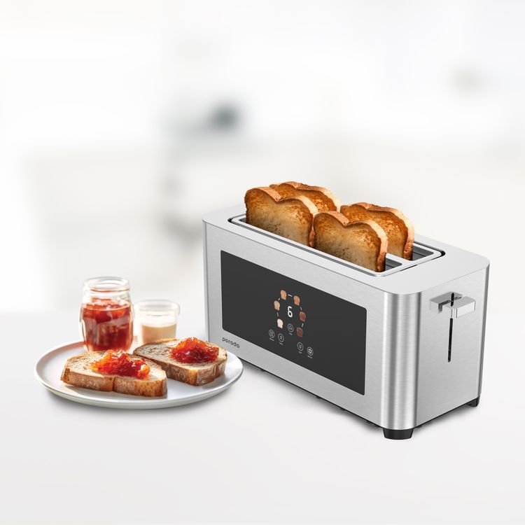Porodo Lifestyle 4-Slice Bread Toaster with Touch Panel, 1140-1400W Rated Power, Stainless Steel 410 Material, 6 Browning Levels, 5 Functions, Removable Slide-Out Crumb Tray, Automatic Shut-Off - Silver 