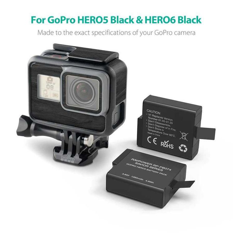 RAVPower GoPro Hero5 1260mAh BatteryX2pcs + Charger Set (RP-PB074-BK) - Black