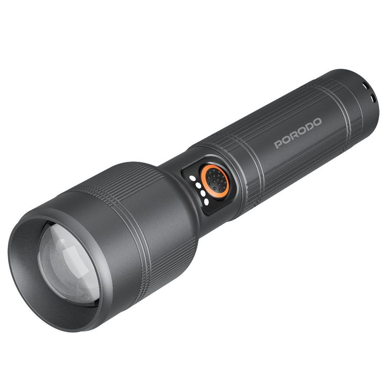 Porodo Lifestyle Lumalite 1200 Lumens Rechargeable Flashlight with Multi-Mode Operation, 2200mAh Battery, Ultra-Bright Beam, Manual Zoom Control, 84 Minutes Working Time, 30W Rated Power, Up to 500m Coverage Area - Gray