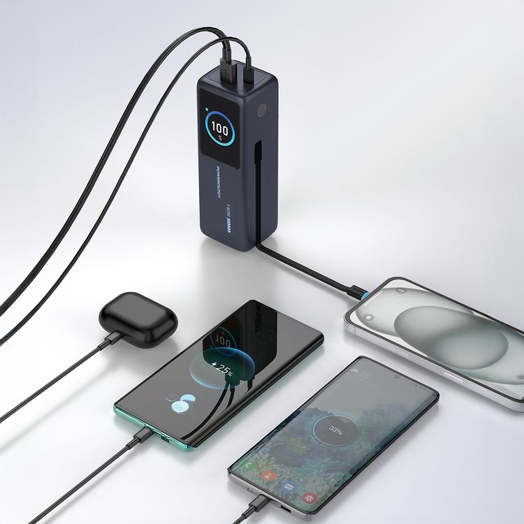 باورولوجي Thunderamp 30000mAh باور بانك مع شاشة TFT ذكية، شحن فائق السرعة، شحن متعدد الأجهزة، شاحن لابتوب، PD 140W - رمادي