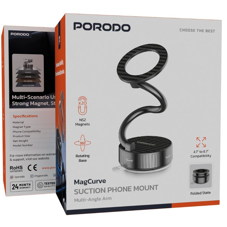 حامل هاتف بورودو MagCurve مع ذراع متعدد الزوايا، 20 مغناطيس N52 قوي، قاعدة دوارة 360°، مقاوم للخدش، زاوية عرض قابلة للتعديل، متوافق مع الأجهزة التي حجمها 4.7"-6.7" - لون أسود.