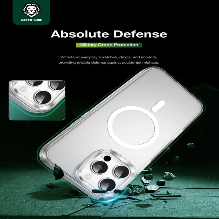 Green Lion Sense Crystal Clear Magsafe Case for iPhone 16 Pro, Camera Protection, Drop Protection, Magsafe Compatible, Strong Magnets, Anti-Scratch, Sense Button, Raised Edge - Clear