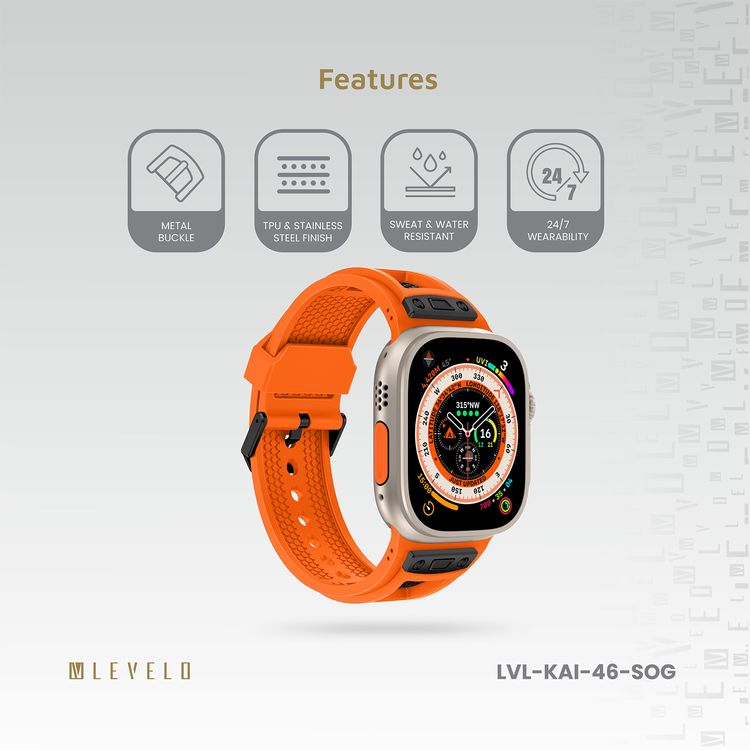 حزام ساعة Levelo Kai، لساعة Apple Watch SE 9/8/7/6/5 (46/49 ملم)، مصنوع من TPU + مشبك معدني، مضاد للحساسية، مناسب للارتداء على مدار الساعة - برتقالي غروب الشمس