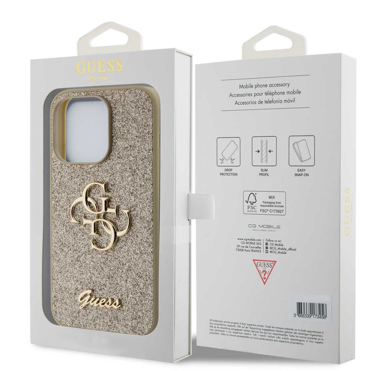 Guess Fixed Glitter Case with Big 4G Logo - Gold - iPhone 15 Pro