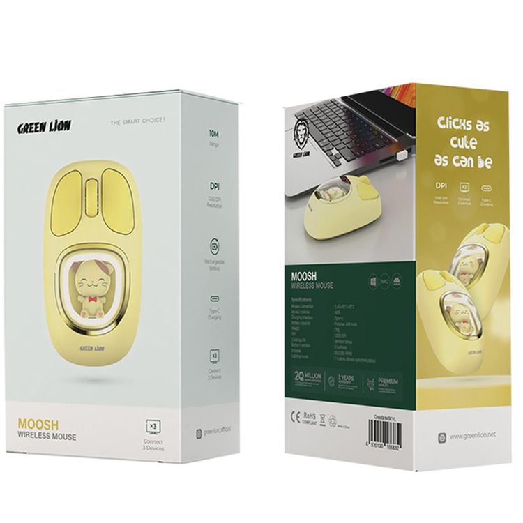 Green Lion Moosh Wireless Mouse with 7-Color Diffuse Lighting, Up to 3 Million Clicks, 3-Button Function, 400mAh Battery, 1200 DPI, Connects Up to 3 Devices, USB-C Charging Interface - Yellow