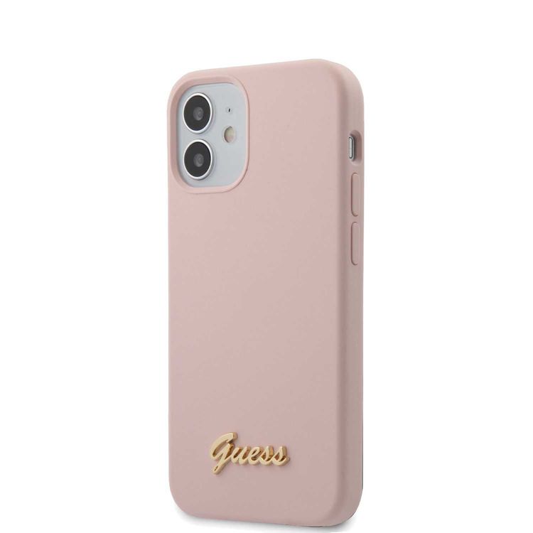 CG MOBILE Guess Liquid Silicone Phone Case w/ Metal Logo Script for iPhone 12 Mini (5.4") Mobile Case Compatible with Wireless Chargers Officially Licensed - Pink