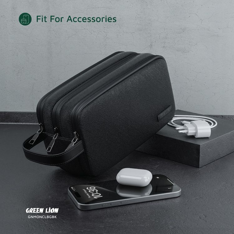 Green Lion Monarch Clutch Bag, 3 Compartments, Mesh Pockets, Sturdy Handle, Microfiber Interior, Water-Resistant PU Leather Exterior, Zinc Alloy Zipper - Black 