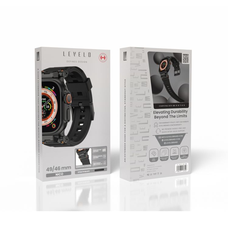 Levelo Nico Watch Strap for Apple Watch 49/46mm with Metal Buckle Closure, Compatible with SE Series 9, 8, 7, 6, 5, Silicone & Stainless Steel Finish, Lightweight & Flexible Fit, Sweat-Resistant & Water-Resistant, Hypoallergenic Material, Extended Band Interaction - Stealth Black