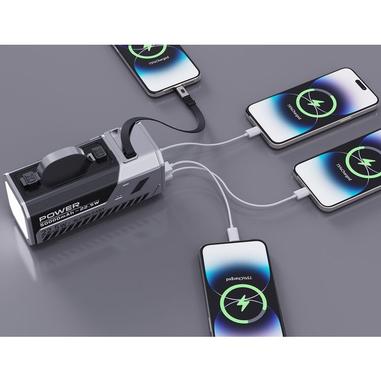 Green Lion Power Max 22.5W 50000mAh Power Bank with Built-in 1.5m Retractable Cable, 2× USB-A, 2× USB-C Ports, Digital Display, LED Flash Light - Silver
