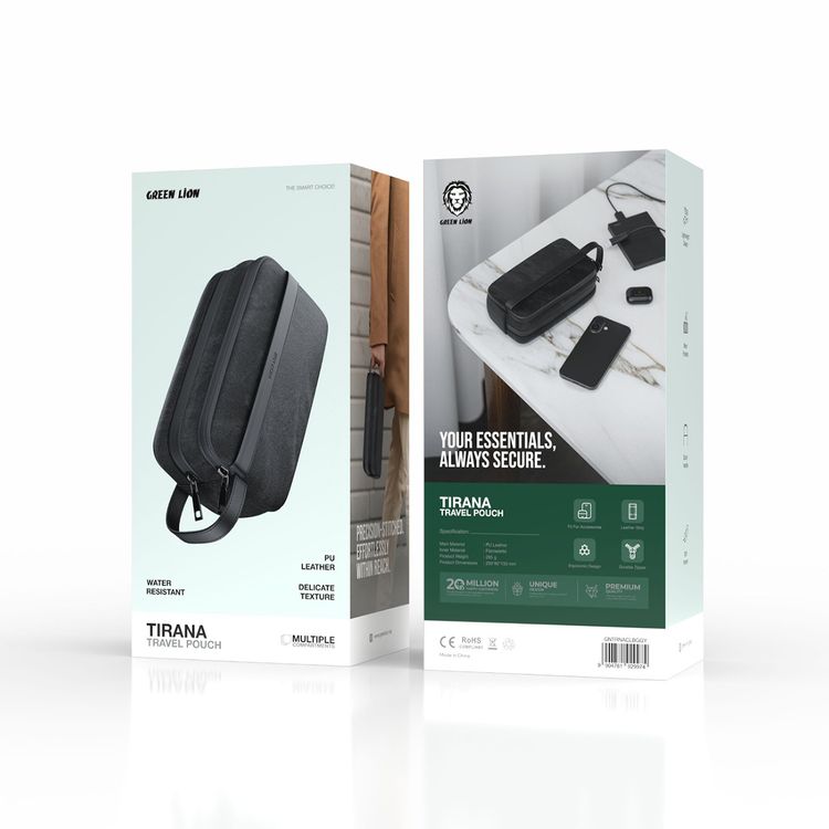 Green Lion Tirana Travel Pouch with Leather Strip & Durable Zippers, Multiple Compartments, PU Leather Material & Flannelette Inner Material, Ergonomic Design & Fit for Accessories - Gray