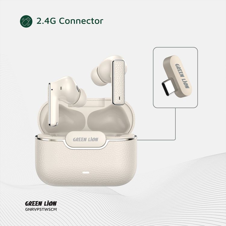 Green Lion River Plus True Wireless Earbuds with ANC + ENC Clarity, 2.4G Connector Included, Up to 7 Hours of Playtime, Smart in-Ear Detection, Bluetooth Version 5.4, -42dB Noise Reduction, 35 Hours Standby Time - Cream