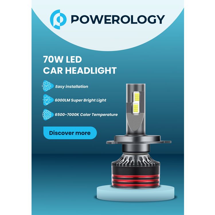 Powerology 70W LED Car Headlight Bulbs H4 with 6000 Lumens Brightness, 6500-7000K, 2 Units, Super Bright Light, Heat Dissipation, Easy Installation - Black