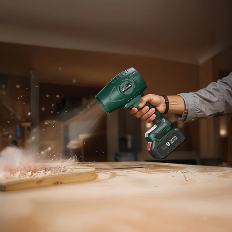 منفاخ Green Lion Storm Jet اللاسلكي مع بطارية قابلة للفصل 21V، محرك بدون فرشاة ورياح فائقة القوة، مدى 36,000 دورة في الدقيقة، قوة 1000 واط - أخضر